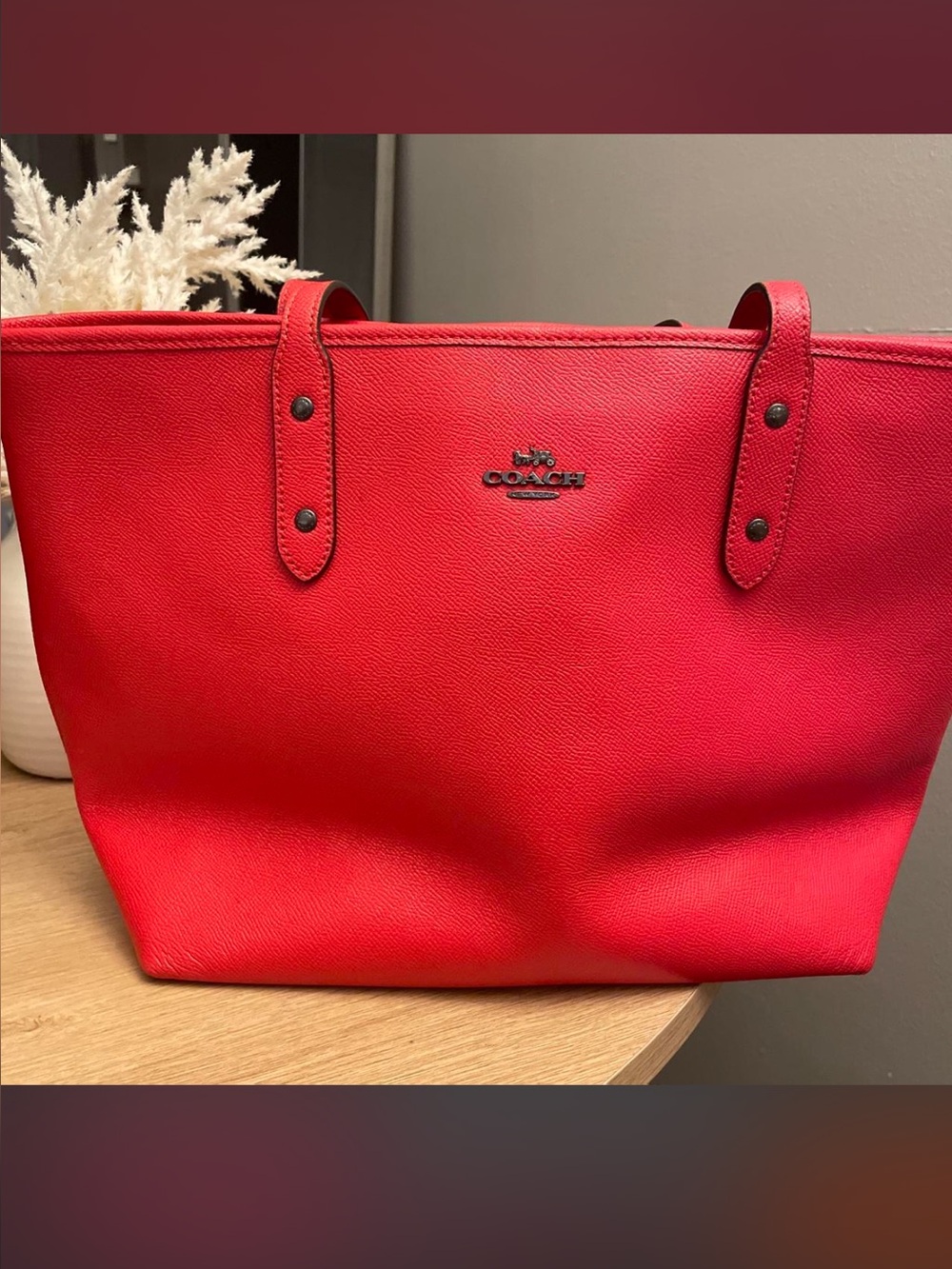 Coach Bright Red Leather Tote with Logo Plaque
